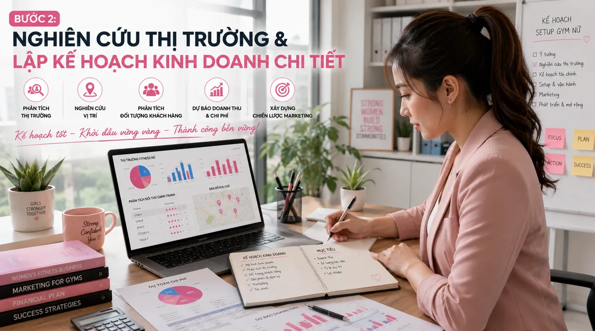 Người phụ nữ đang nghiên cứu thị trường và lập kế hoạch kinh doanh chi tiết trên máy tính để setup phòng gym nữ hiệu quả.
